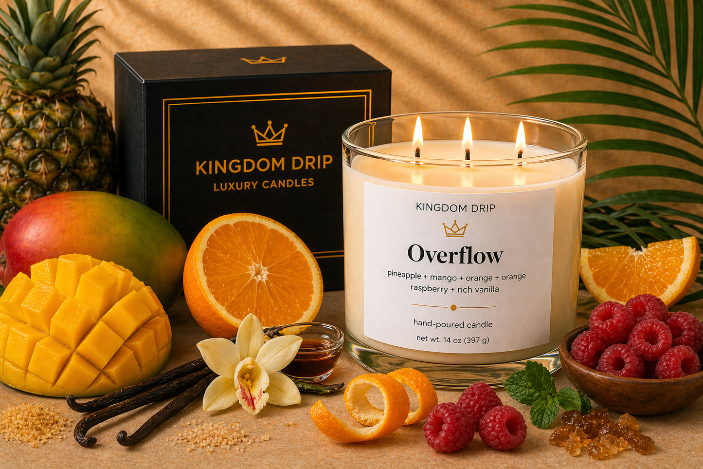 Kingdom Drip candle labeled 'Overflow' with fruits and spices on a wooden surface