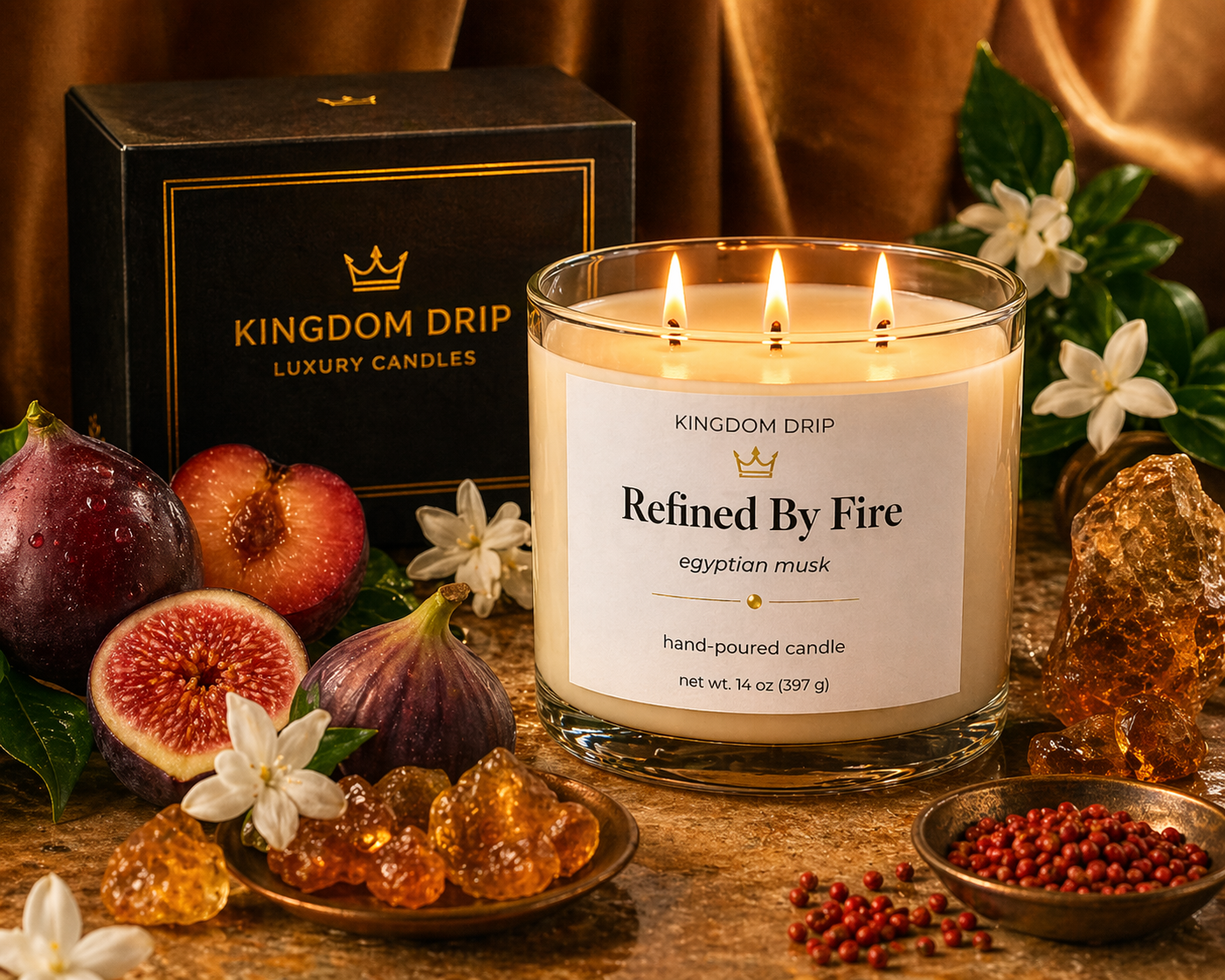 Kingdom Drip candle with decorative elements on a wooden surface