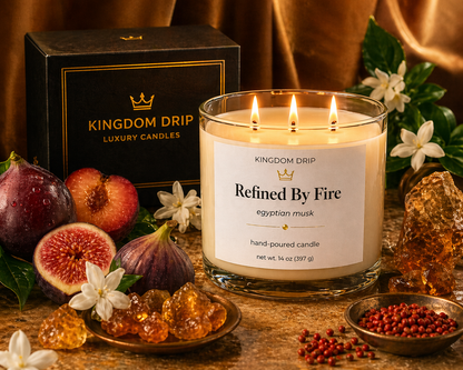 Kingdom Drip candle with decorative elements on a wooden surface