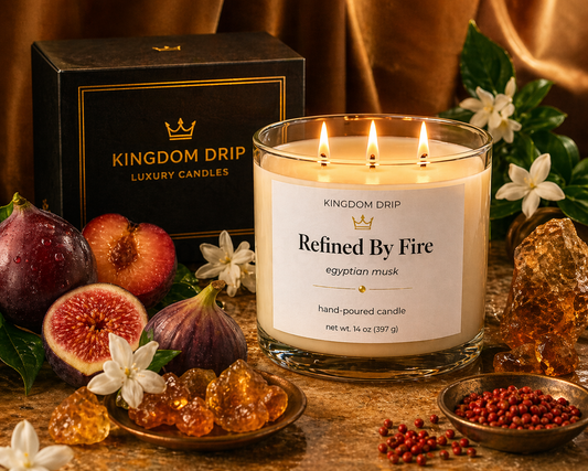 Kingdom Drip candle with decorative elements on a wooden surface