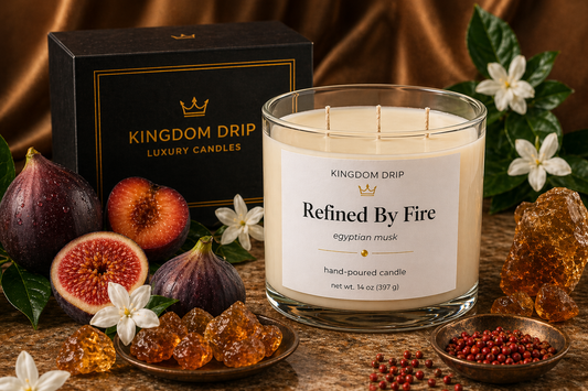 Kingdom Drip candle with figs, honey, and flowers on a wooden surface
