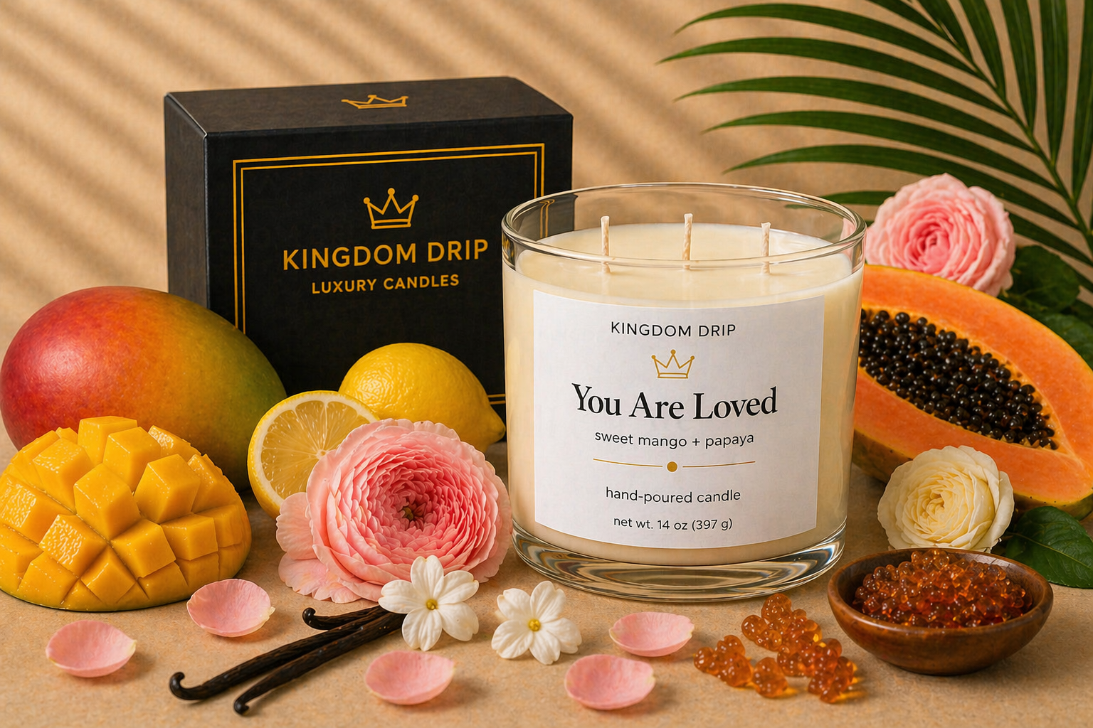 Kingdom Drip candle labeled 'You Are Loved' surrounded by fruits, flowers, and spices on a beige background.